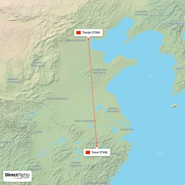 Tunxi - Tianjin direct flight map