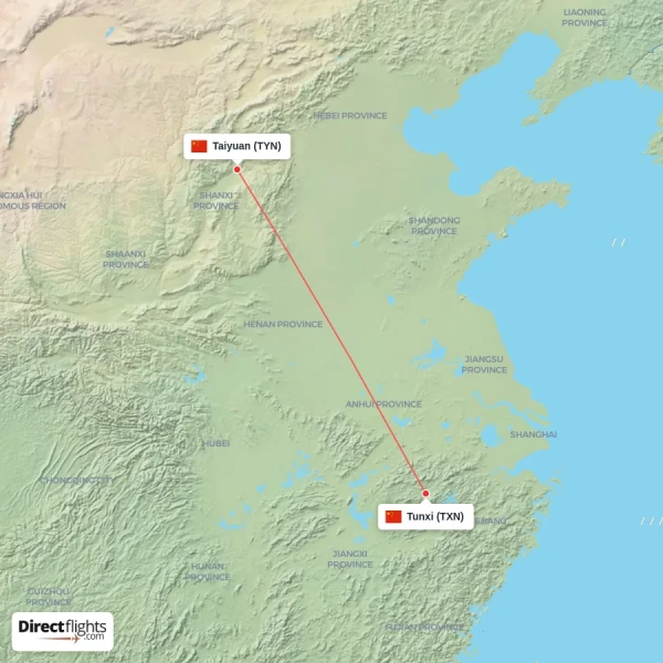 Tunxi - Taiyuan direct flight map