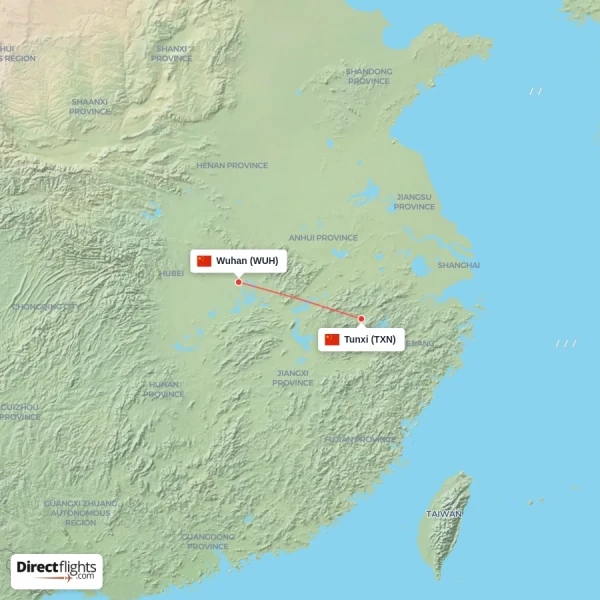 Tunxi - Wuhan direct flight map