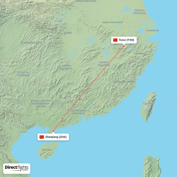 Tunxi - Zhanjiang direct flight map