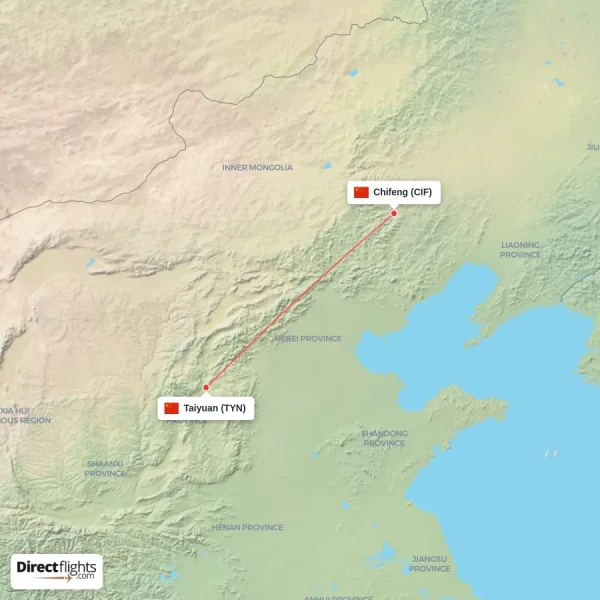 Taiyuan - Chifeng direct flight map