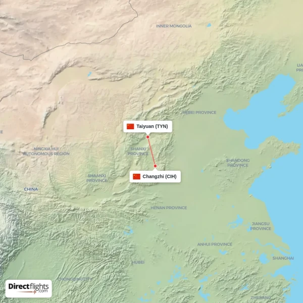 Taiyuan - Changzhi direct flight map