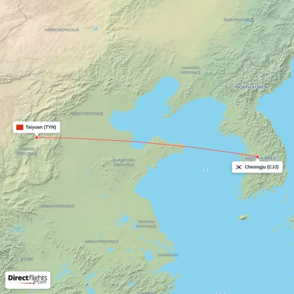 Taiyuan - Cheongju direct flight map