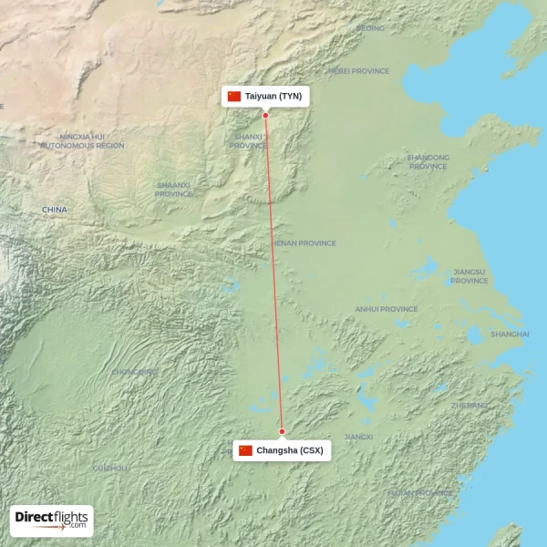 Taiyuan - Changsha direct flight map