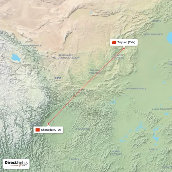 Taiyuan - Chengdu direct flight map