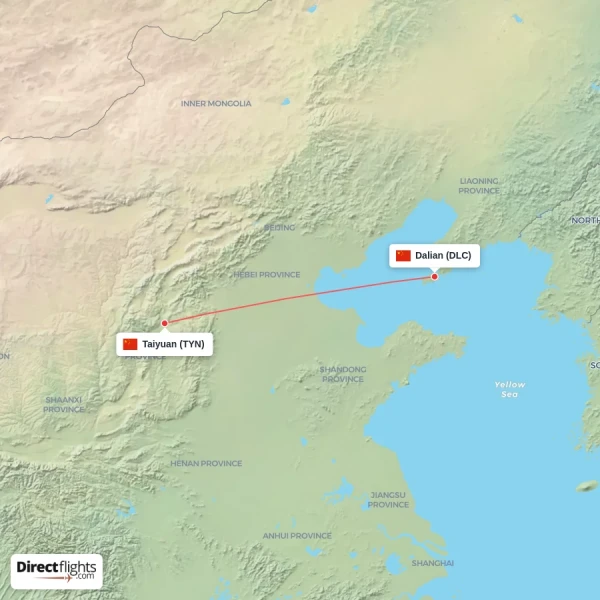 Taiyuan - Dalian direct flight map