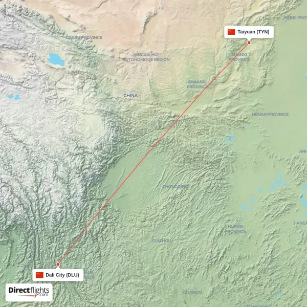 Taiyuan - Dali City direct flight map