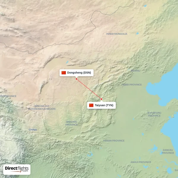 Taiyuan - Dongsheng direct flight map