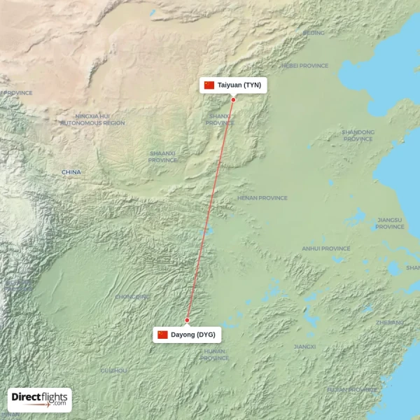 Taiyuan - Dayong direct flight map