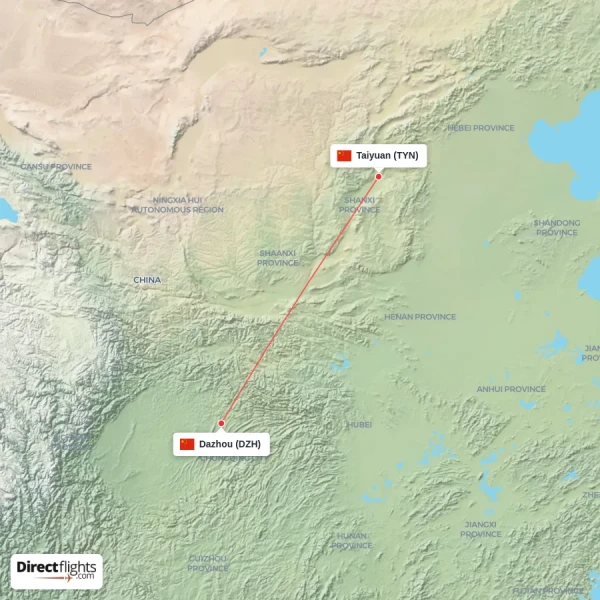 Taiyuan - Dazhou direct flight map