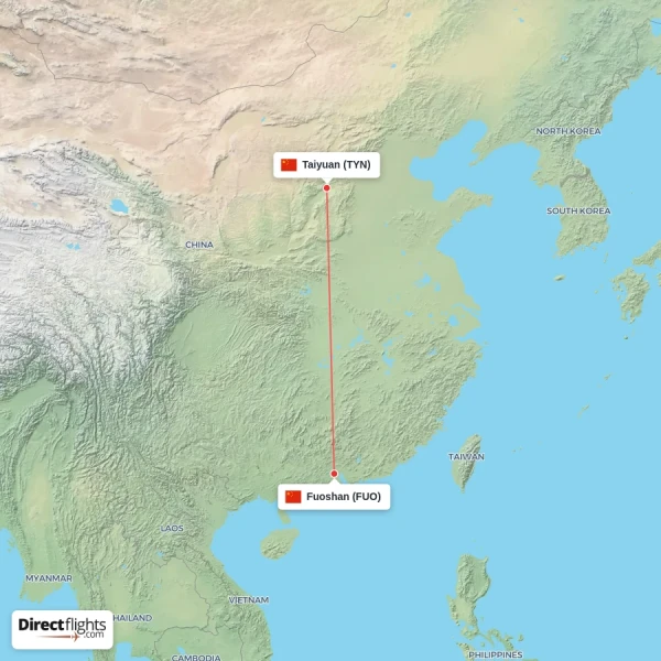 Taiyuan - Fuoshan direct flight map