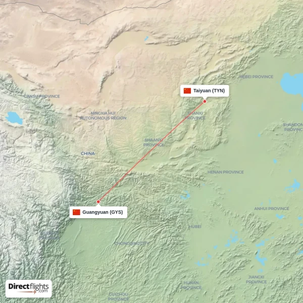 Taiyuan - Guangyuan direct flight map