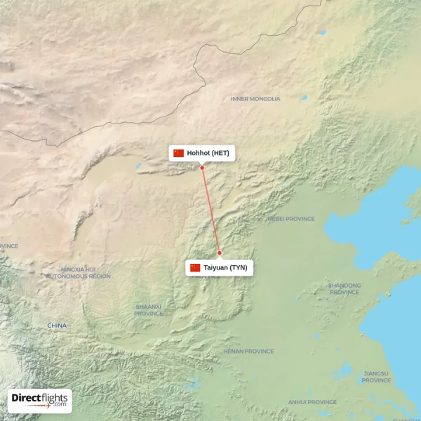 Taiyuan - Hohhot direct flight map