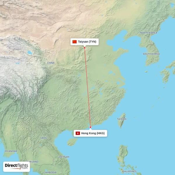 Taiyuan - Hong Kong direct flight map