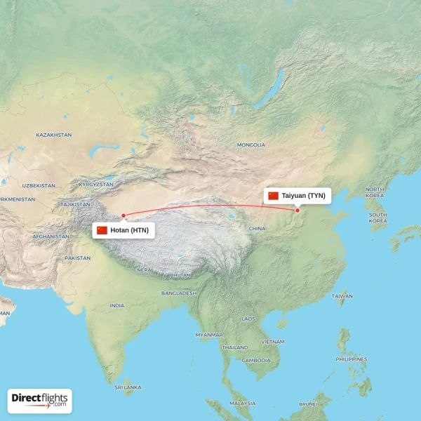 Taiyuan - Hotan direct flight map