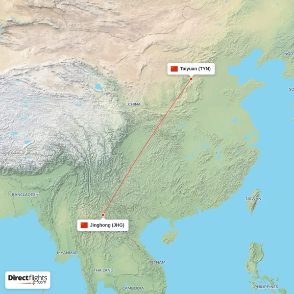 Taiyuan - Jinghong direct flight map
