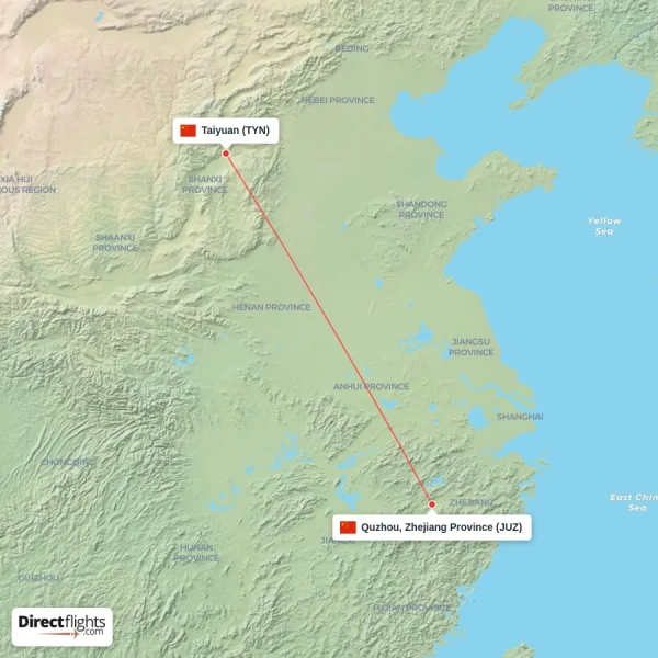Taiyuan - Quzhou, Zhejiang Province direct flight map