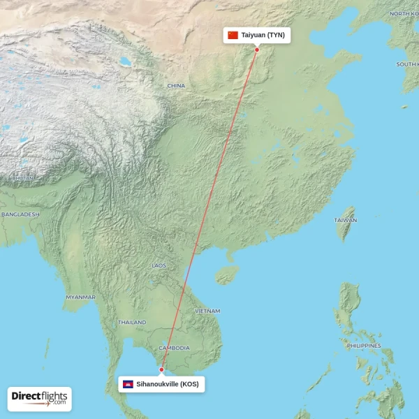 Taiyuan - Sihanoukville direct flight map