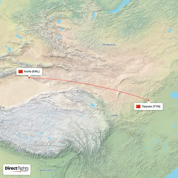 Taiyuan - Korla direct flight map