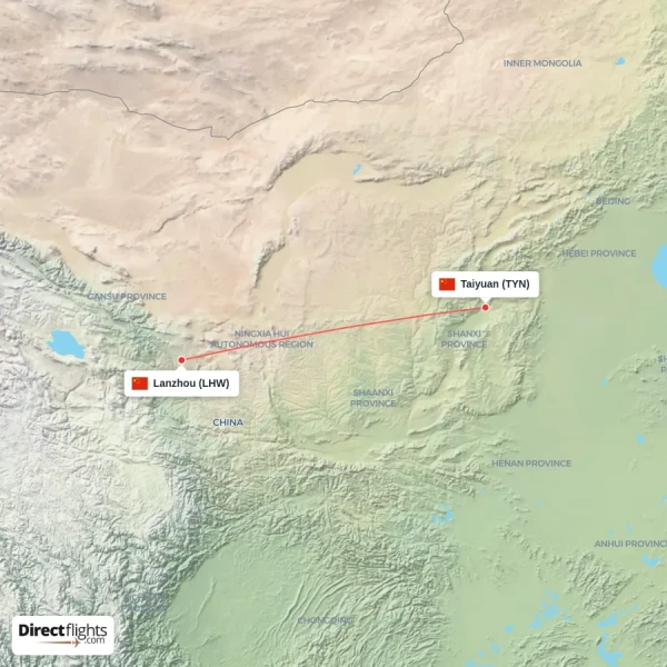 Taiyuan - Lanzhou direct flight map