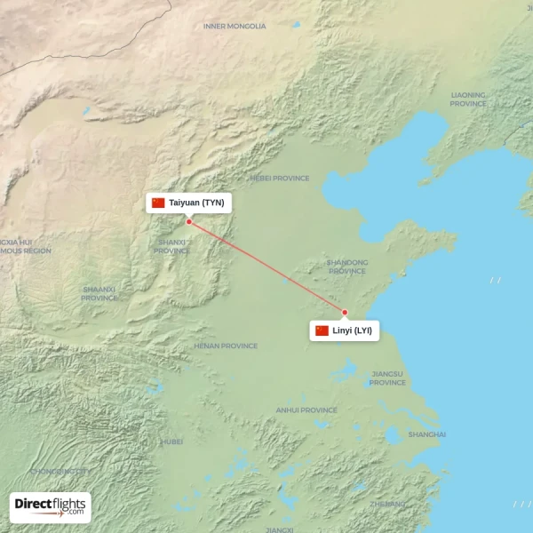 Taiyuan - Linyi direct flight map