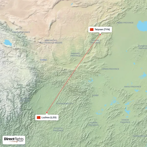 Taiyuan - Luzhou direct flight map