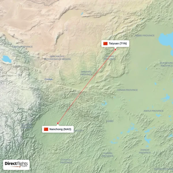 Taiyuan - Nanchong direct flight map