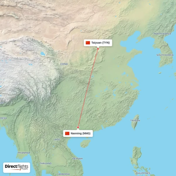Taiyuan - Nanning direct flight map