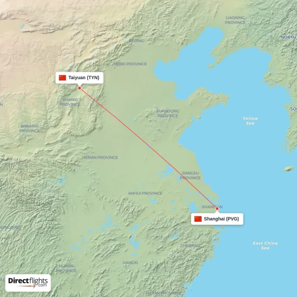 Taiyuan - Shanghai direct flight map