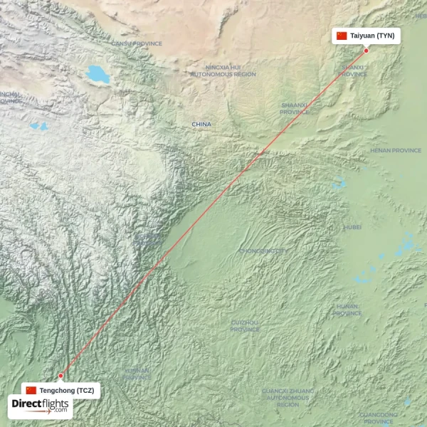 Taiyuan - Tengchong direct flight map