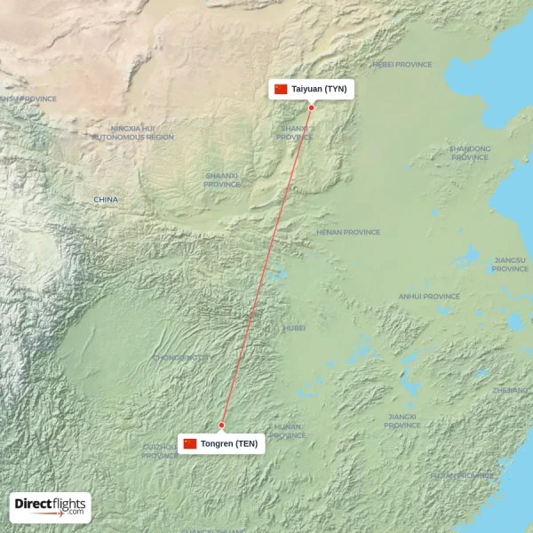 Taiyuan - Tongren direct flight map