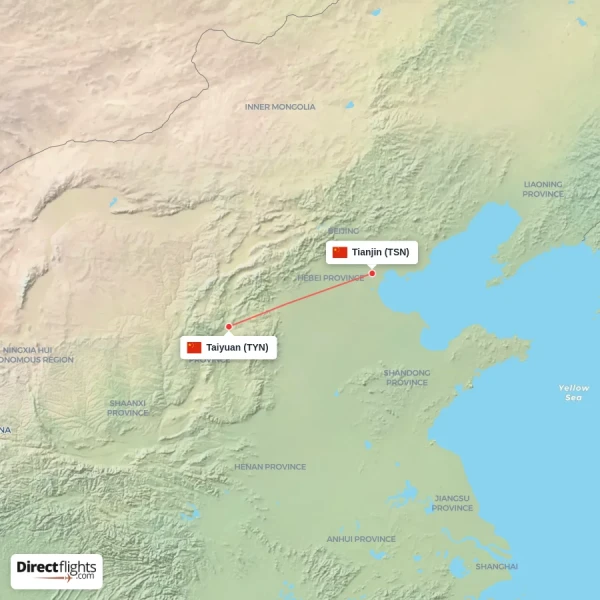 Taiyuan - Tianjin direct flight map