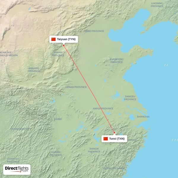Taiyuan - Tunxi direct flight map