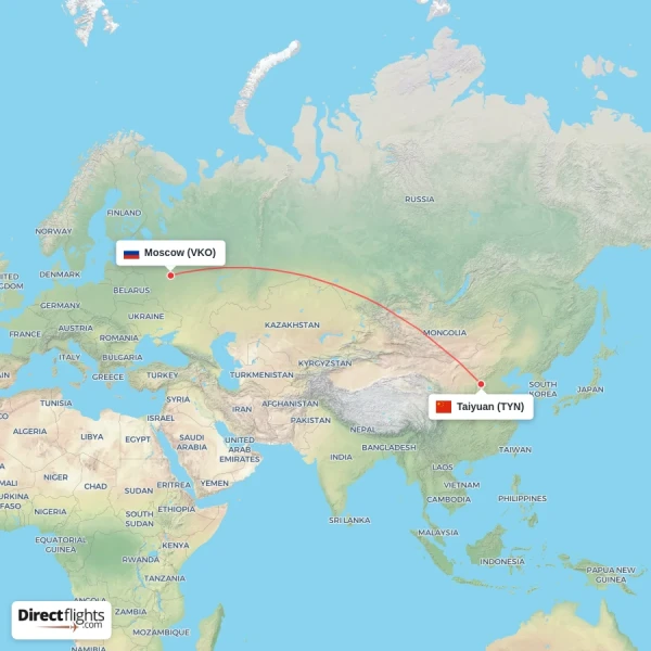 Taiyuan - Moscow direct flight map