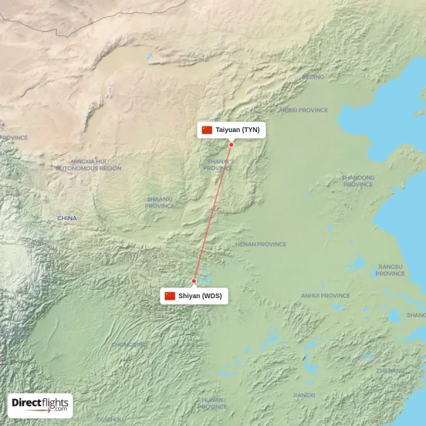 Taiyuan - Shiyan direct flight map