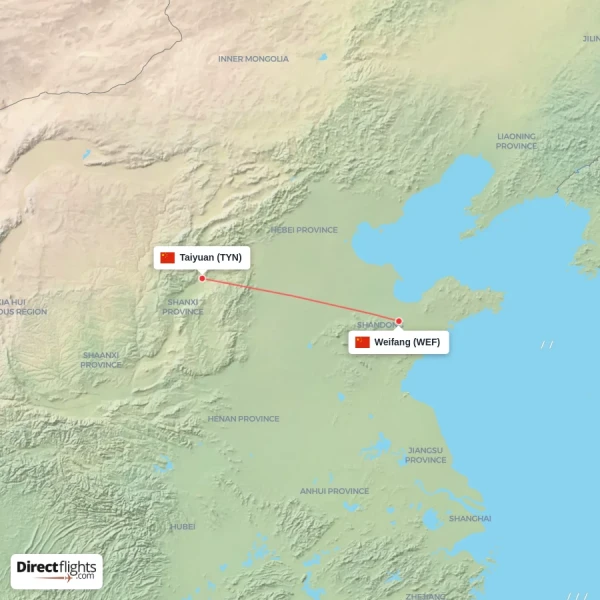 Taiyuan - Weifang direct flight map