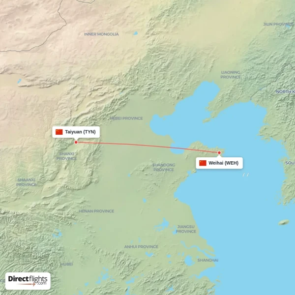 Taiyuan - Weihai direct flight map