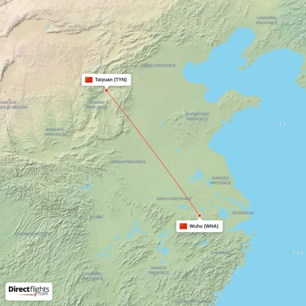 Taiyuan - Wuhu direct flight map