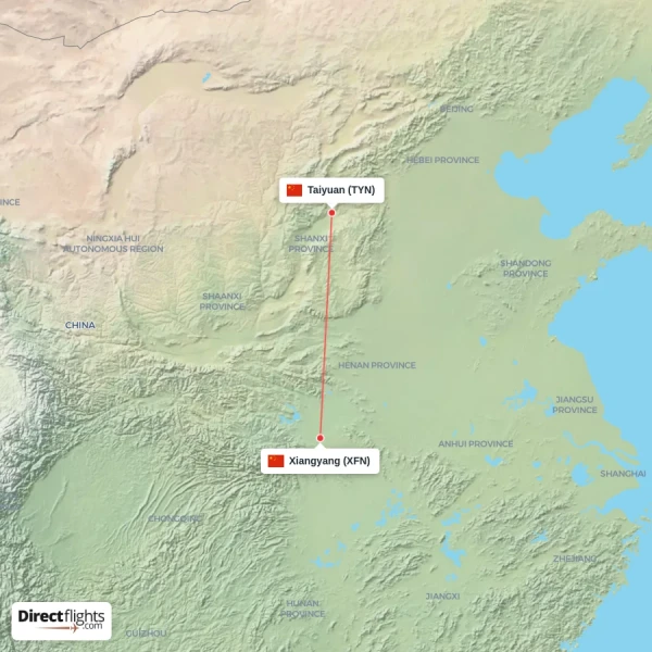 Taiyuan - Xiangyang direct flight map