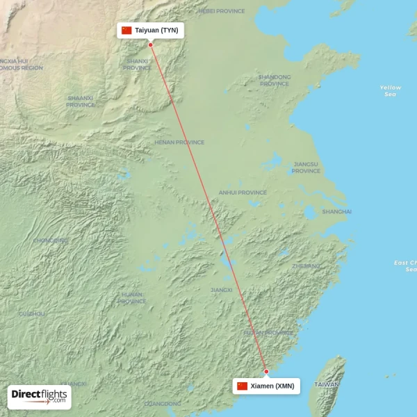 Taiyuan - Xiamen direct flight map