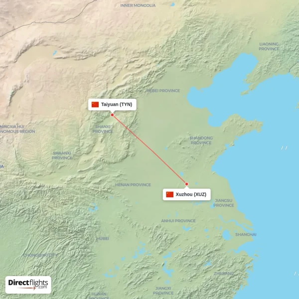 Taiyuan - Xuzhou direct flight map
