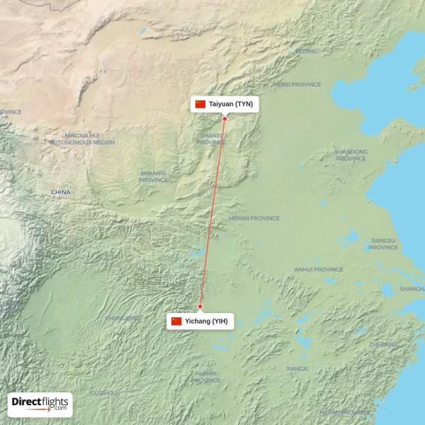 Taiyuan - Yichang direct flight map
