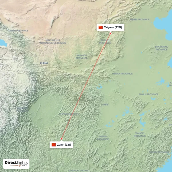 Taiyuan - Zunyi direct flight map