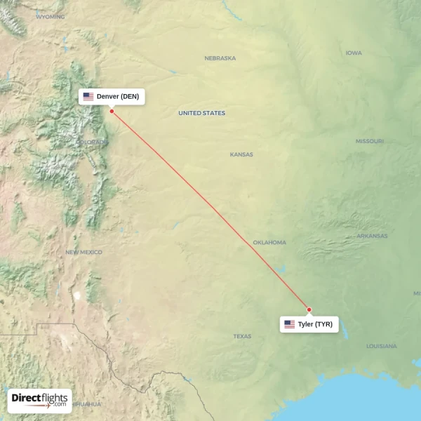 Tyler - Denver direct flight map