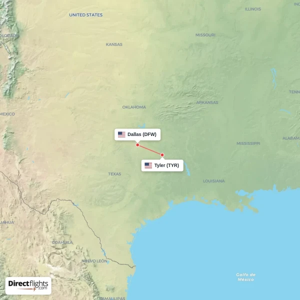 Tyler - Dallas direct flight map