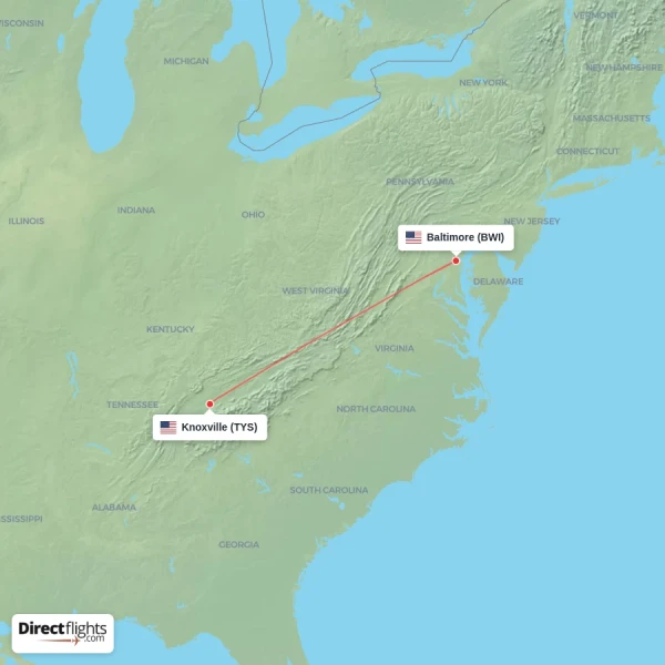 Knoxville - Baltimore direct flight map