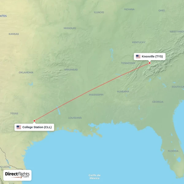 Knoxville - College Station direct flight map