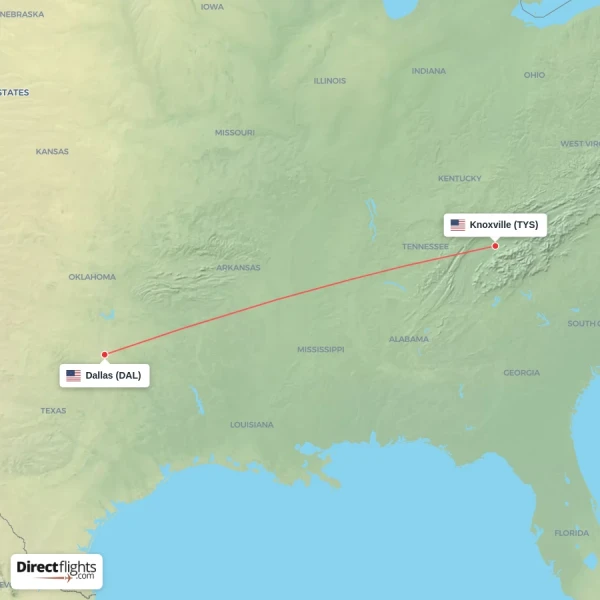 Knoxville - Dallas direct flight map