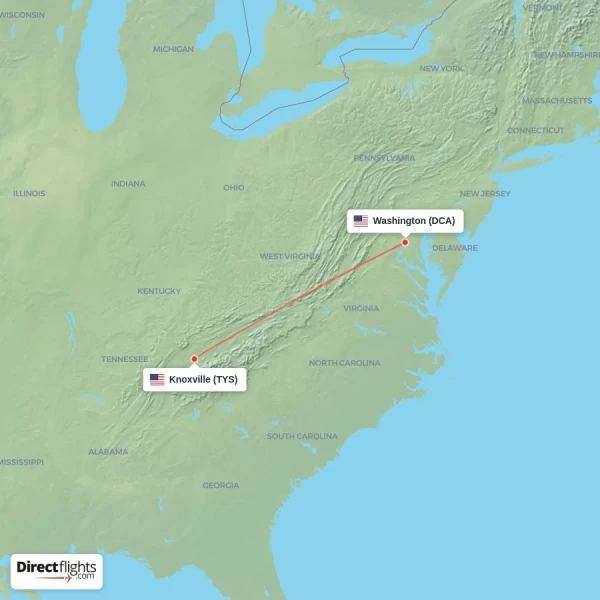 Knoxville - Washington direct flight map