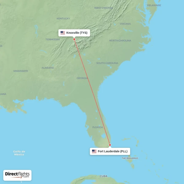 Knoxville - Fort Lauderdale direct flight map